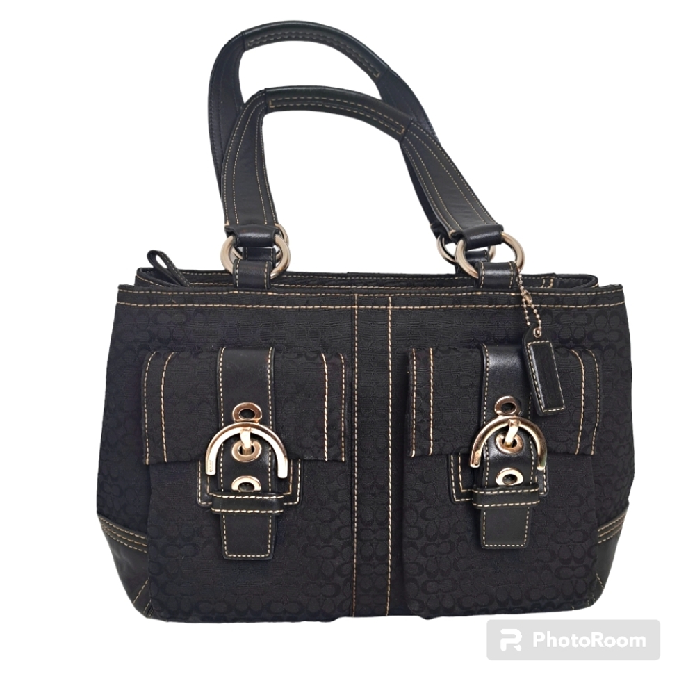 COACH Hampton Bag Black Monogram Canvas Leather Shoulder Bag